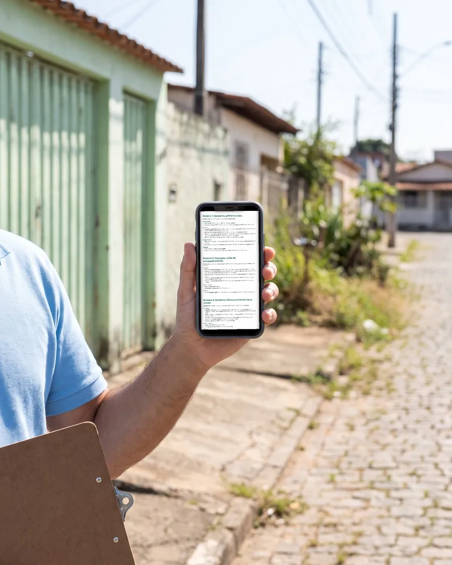 Mão segurando o celular com o Roteiro 1 aberto, numa rua de bairro