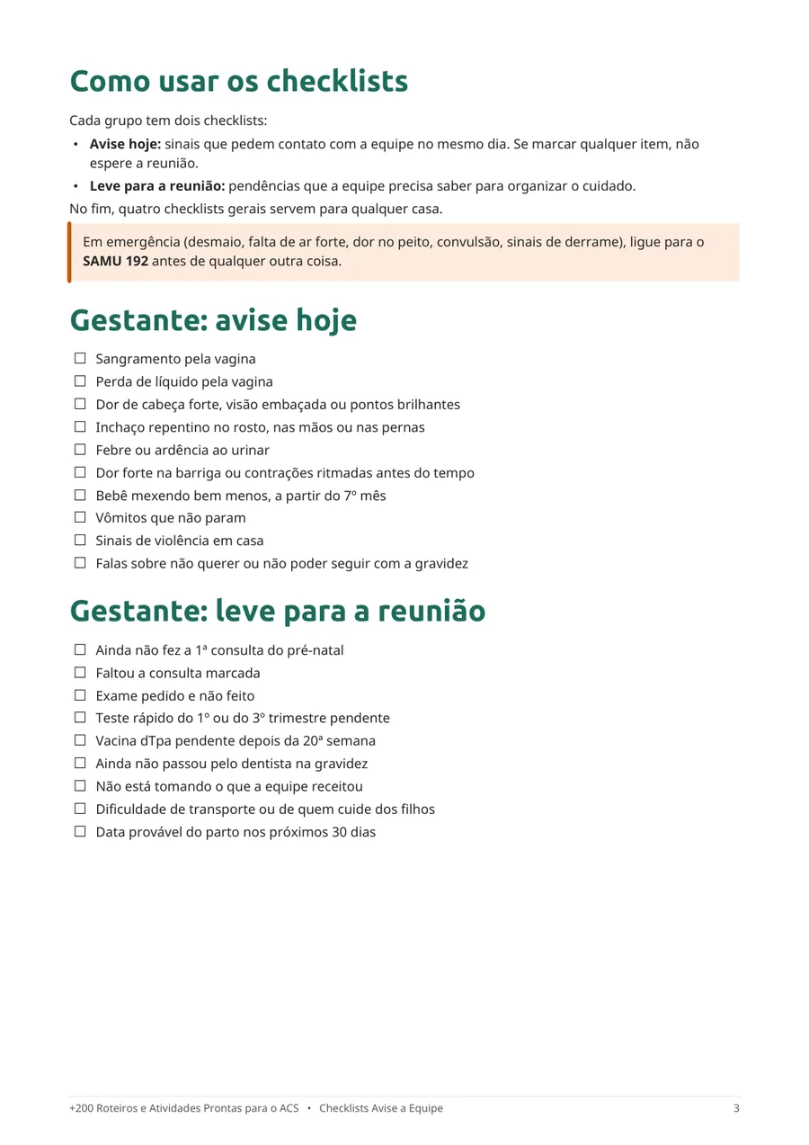 Página de checklists avise a equipe
